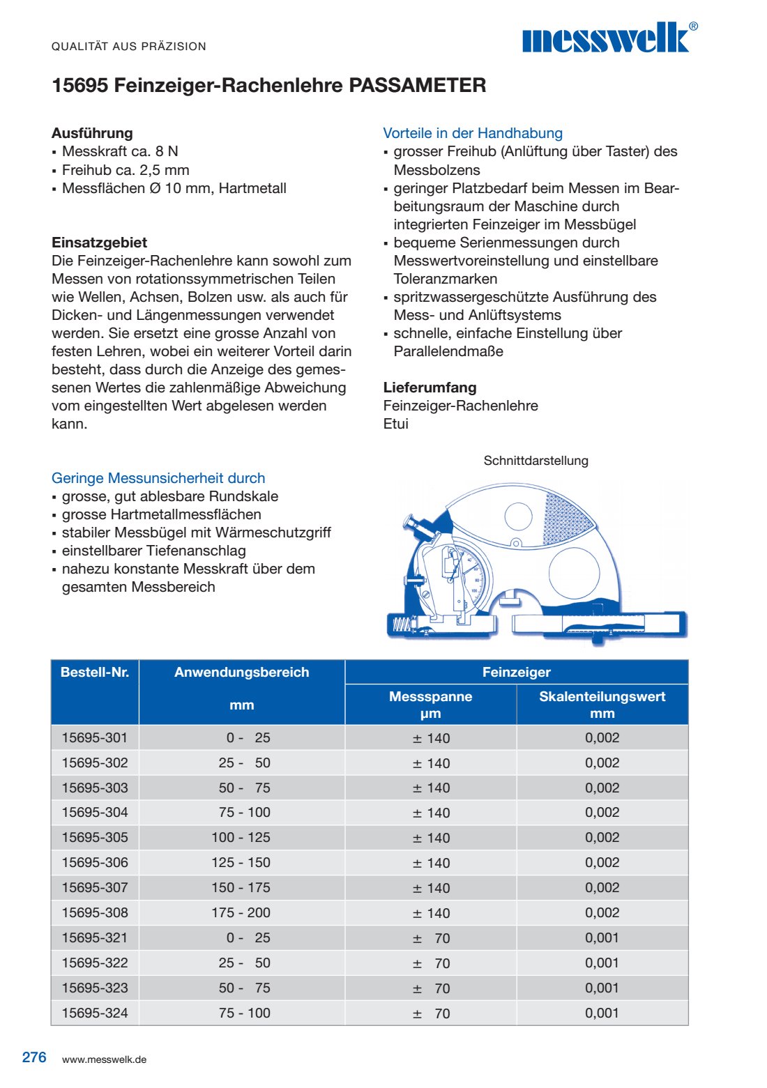 Feinzeiger-Rachenlehre PASSAMETER Ausführung