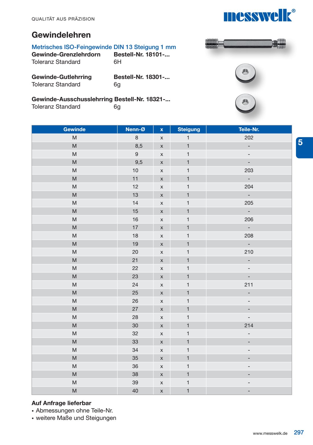 Gewindelehren Metrisches ISO-Feingewinde