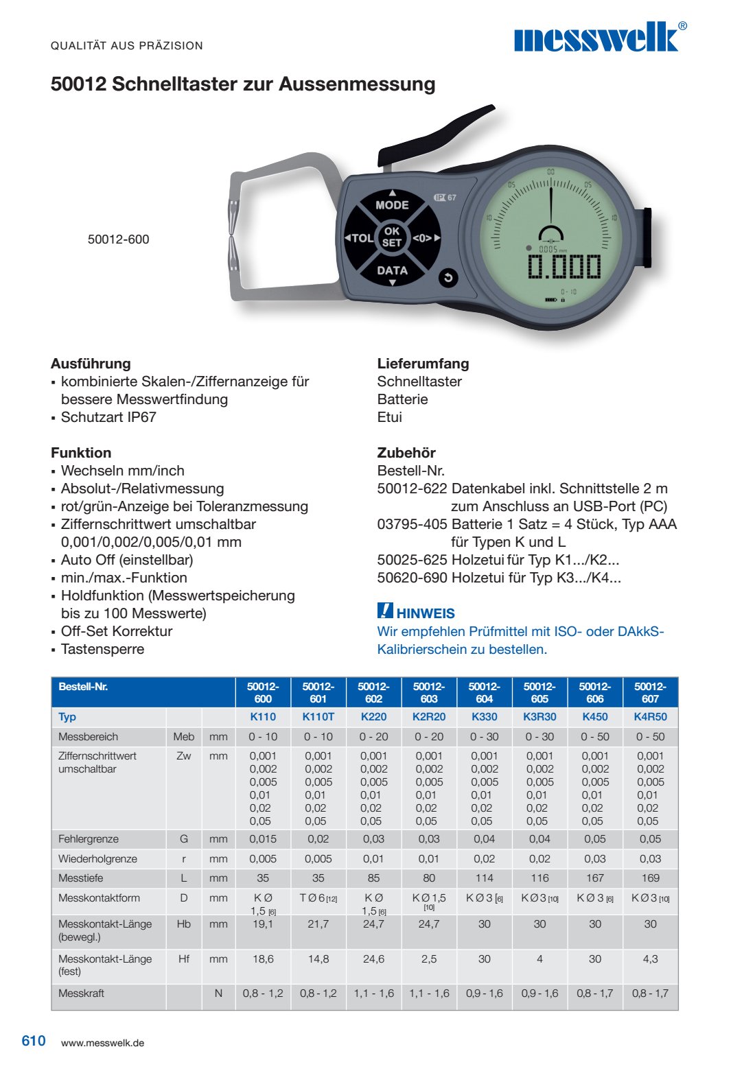 Schnelltaster Aussenmessung Ausführung