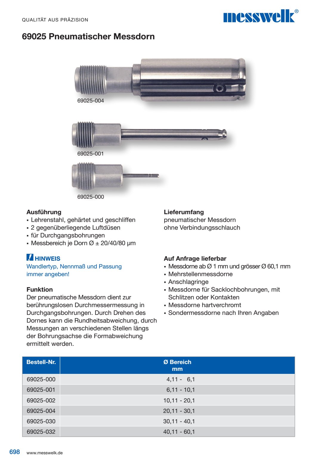 Pneumatischer Messdorn Ausf&uuml;hrung