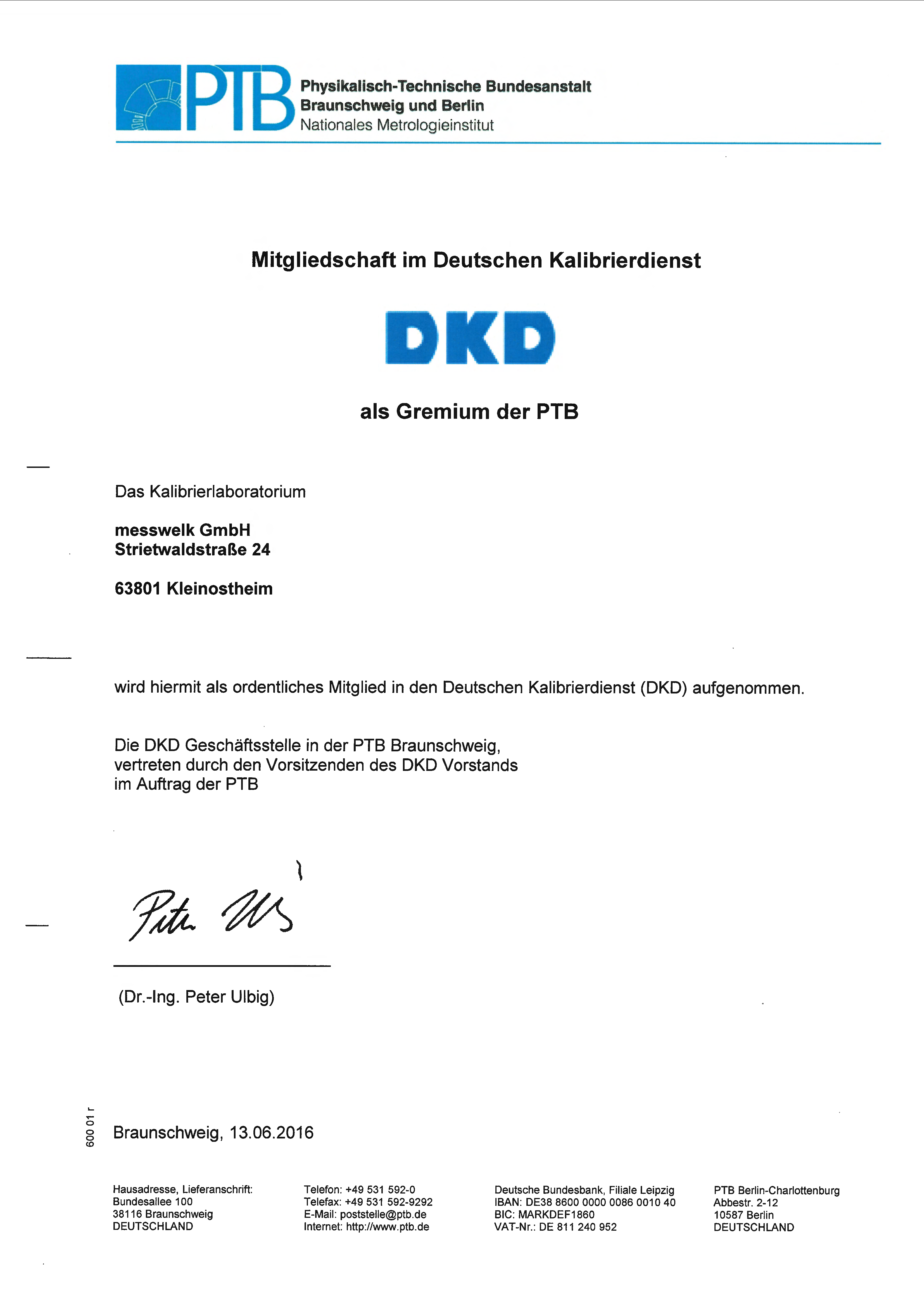Urkunde messwelk Mitgliedschaft beim DKD